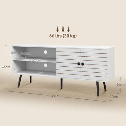 TV Stand with Cupboard, Open Shelves, Striped Doors, Wooden legs, White