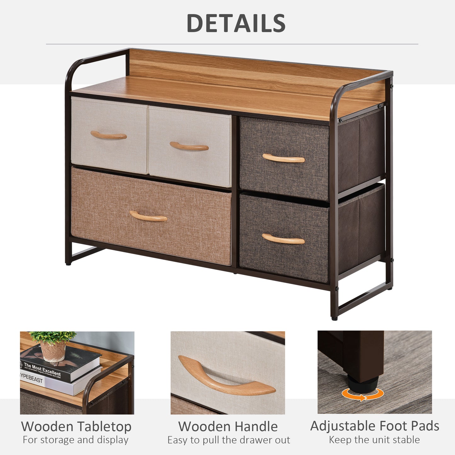 5-Drawer Dresser, Linen Fabric Chest of Drawers, Dresser Tower Unit for Bedroom Hallway Entryway