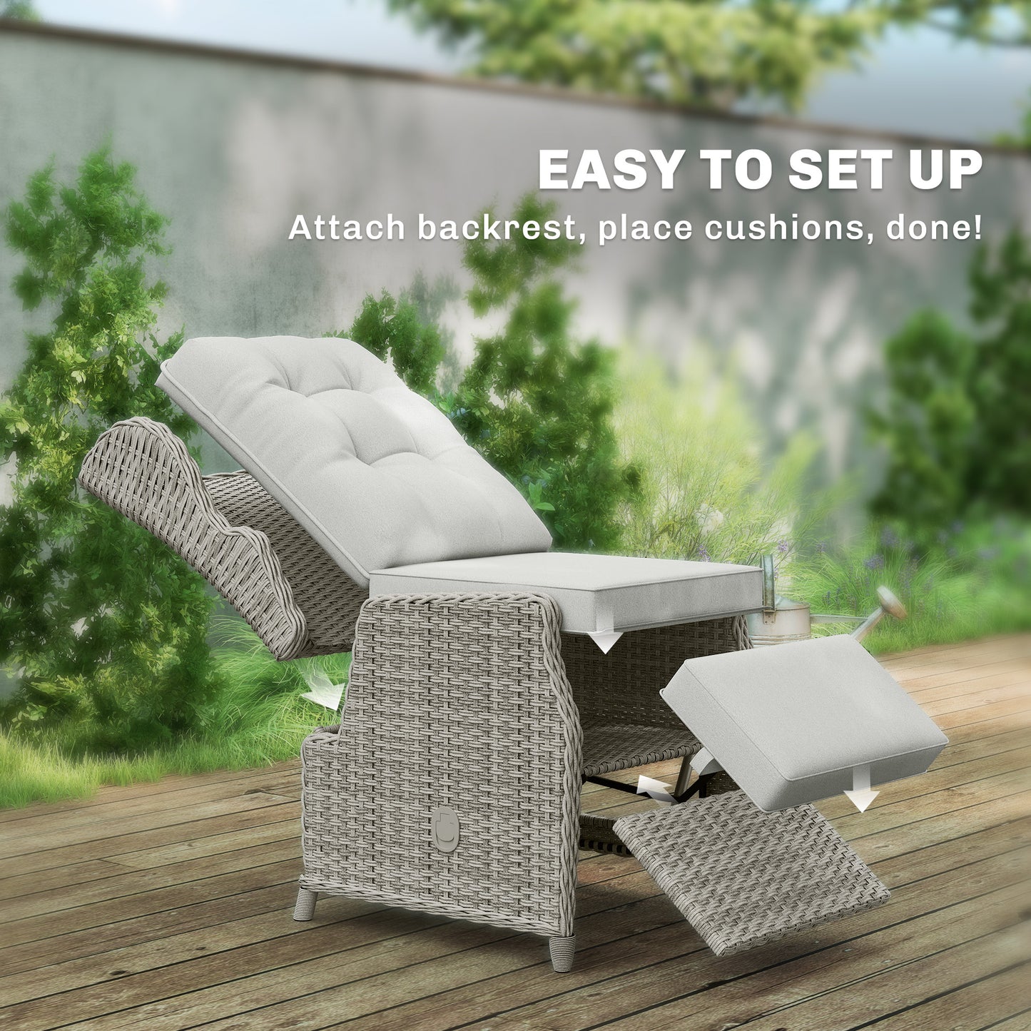 Rattan Garden Recliner Chair, Reclining Garden Chair with Adjustable Back and Footrest, Flip Table, Cushion, Light Grey