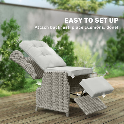 Rattan Garden Recliner Chair, Reclining Garden Chair with Adjustable Back and Footrest, Flip Table, Cushion, Light Grey