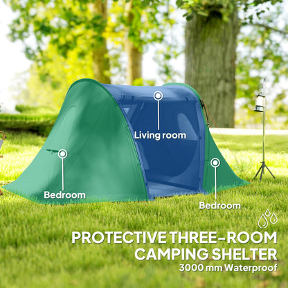 3 Man Camping Tent with Living Area and 2 Bedrooms, 3000mm Waterproof Family Tent with Sewn-in Groundsheet and bag
