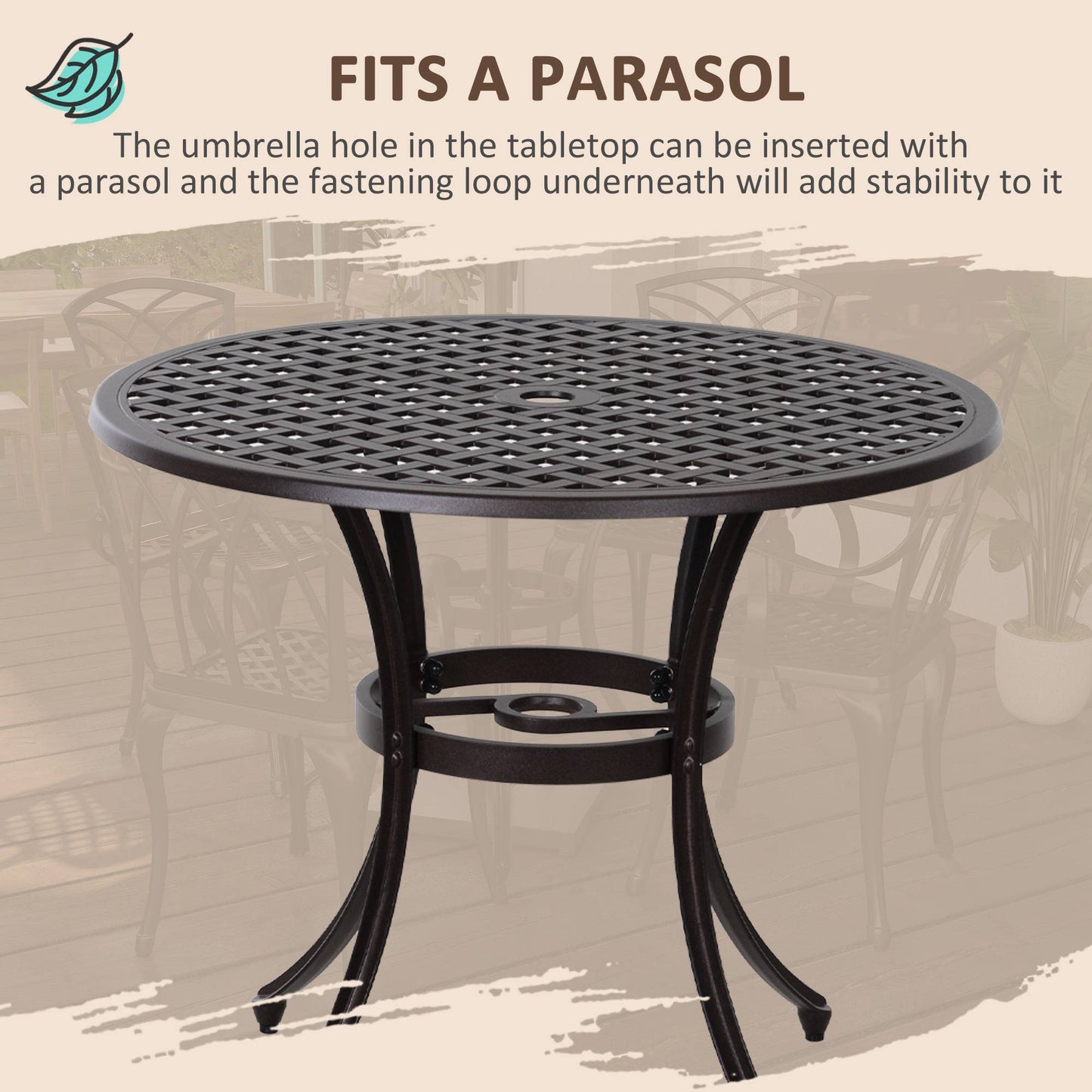 5 Pieces Garden Dining Set for 4, Cast Aluminium Outdoor Dining Set with 4 Armchairs and Round Dining Table with Parasol Hole