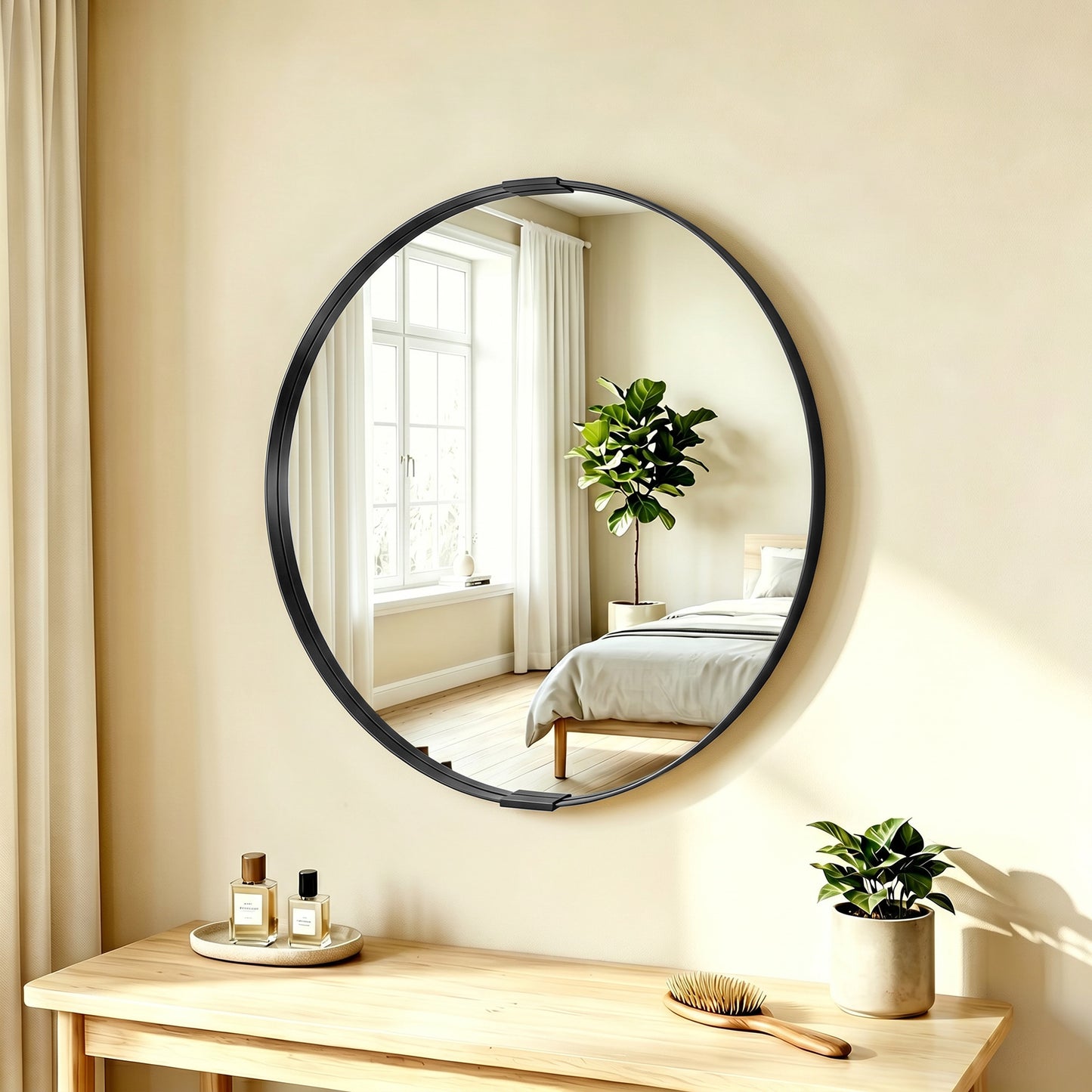Round Wall Mirror 61 cm, Wall Mounted Bathroom Mirror with Tempered Safety Glass and Aluminium Alloy Frame, Black