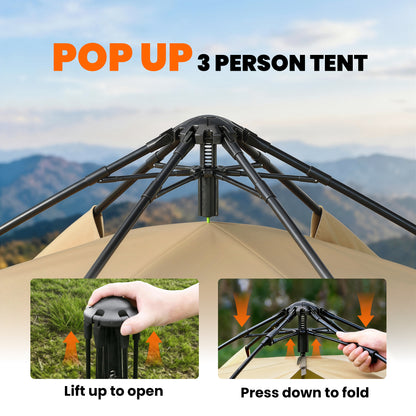 Double Layer Instant Pop Up Tent with Rainfly, Portable Camping Shelter with Sewn-in Groundsheet and Carry Bag, Brown