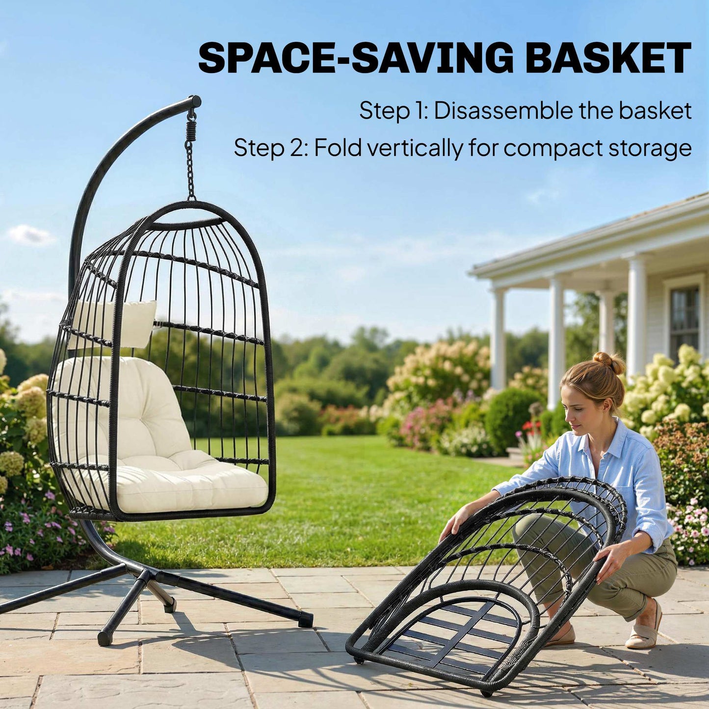 Hanging Egg Chair, Indoor Outdoor Hammock Swing Chair with Stand, Safety Strap, Foldable Basket, Black/Cream White