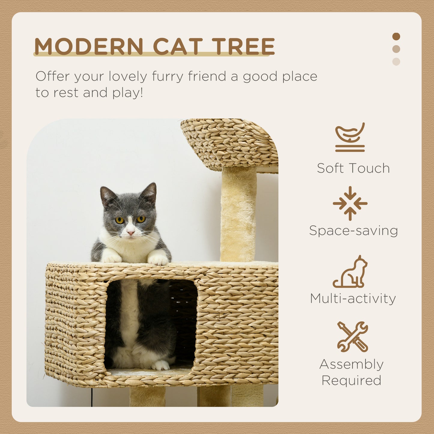 95cm Cat Tree Tower for Indoor Cats, with Scratching Post, Cat House, Toy Ball, Platform - Beige
