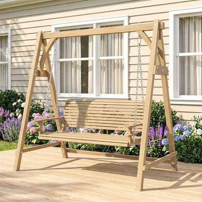 2 Seater Garden Swing Seat, Wooden Swing Chair Bench with Cup Holders for Outdoor Porch Patio, Natural