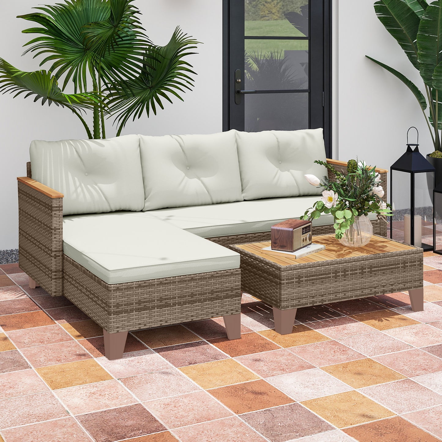 3 Pieces Rattan Garden Furniture Set, L Shaped Garden Conversation Chaise Lounge Furniture