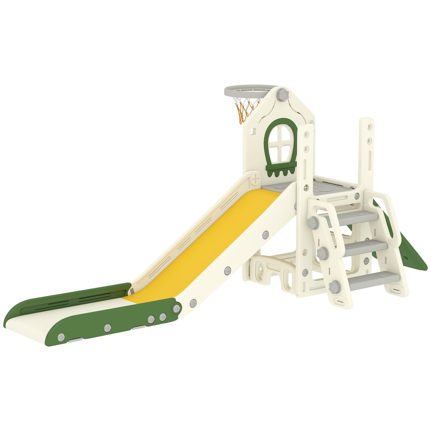 Foldable 5 in 1 Toddler Slide with Ladder, Climbing Wall, Basketball Hoop, Storage and Basketball for 1-3 Years, Cream