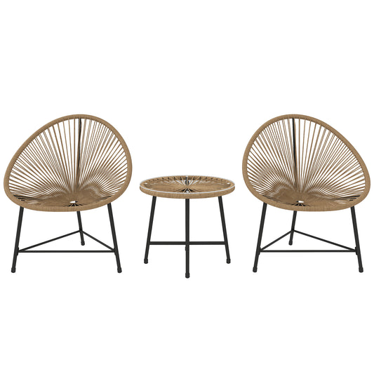 3 Pieces Rattan Bistro Set, Garden Bistro Set with Acapulco Chairs and Glass Top Table, Small Garden Furniture Set