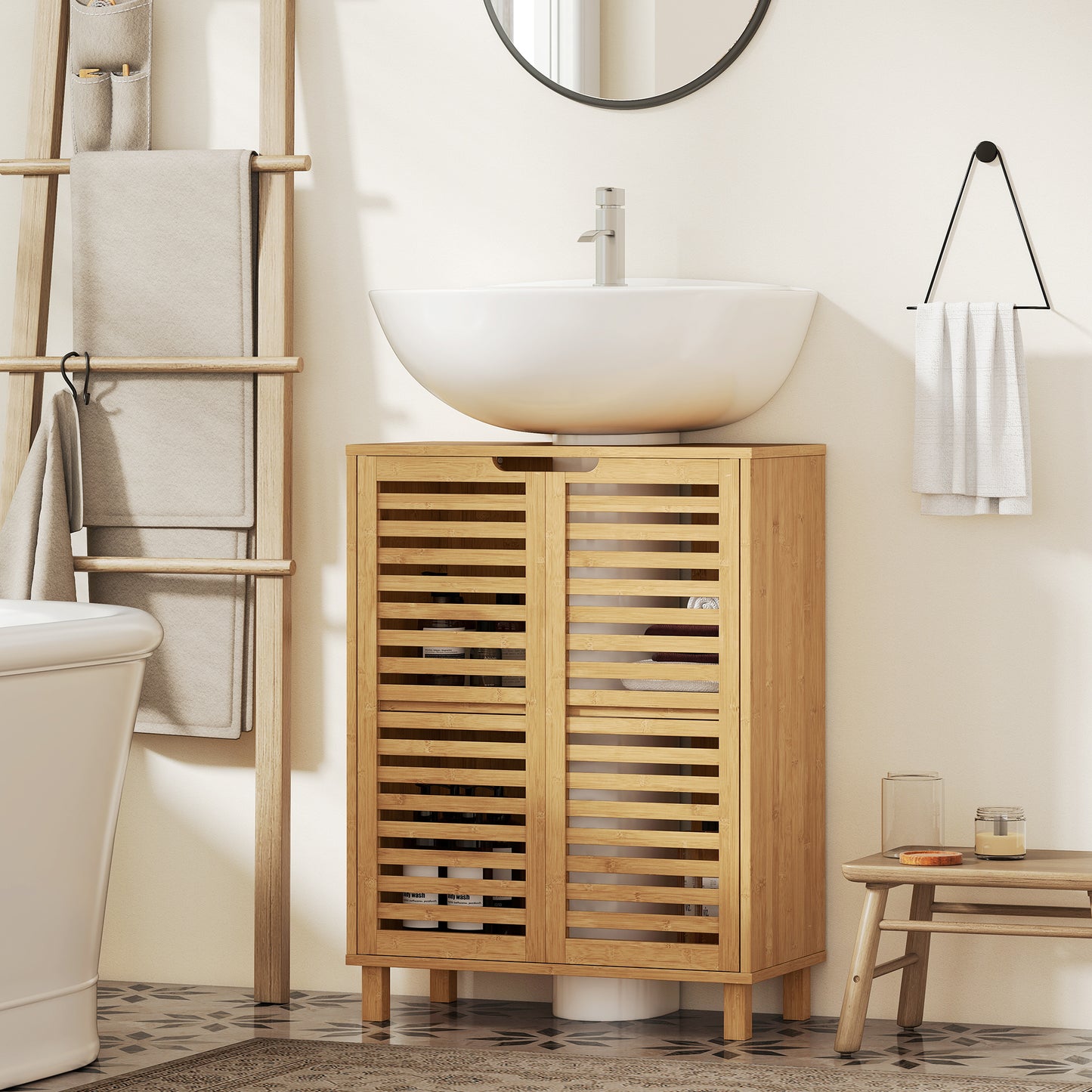 Under Sink Bathroom Cabinet, Freestanding Bamboo Under Sink Cabinet with Louvered Doors and Adjustable Shelf, Natural