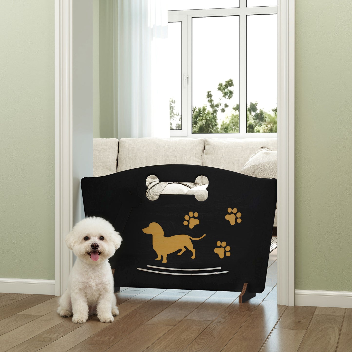 Wooden Dog Stopper, Dog Barrier with Support Feet, for Stair, Patio, Very Easy Setup, Black, 75 x 51 cm