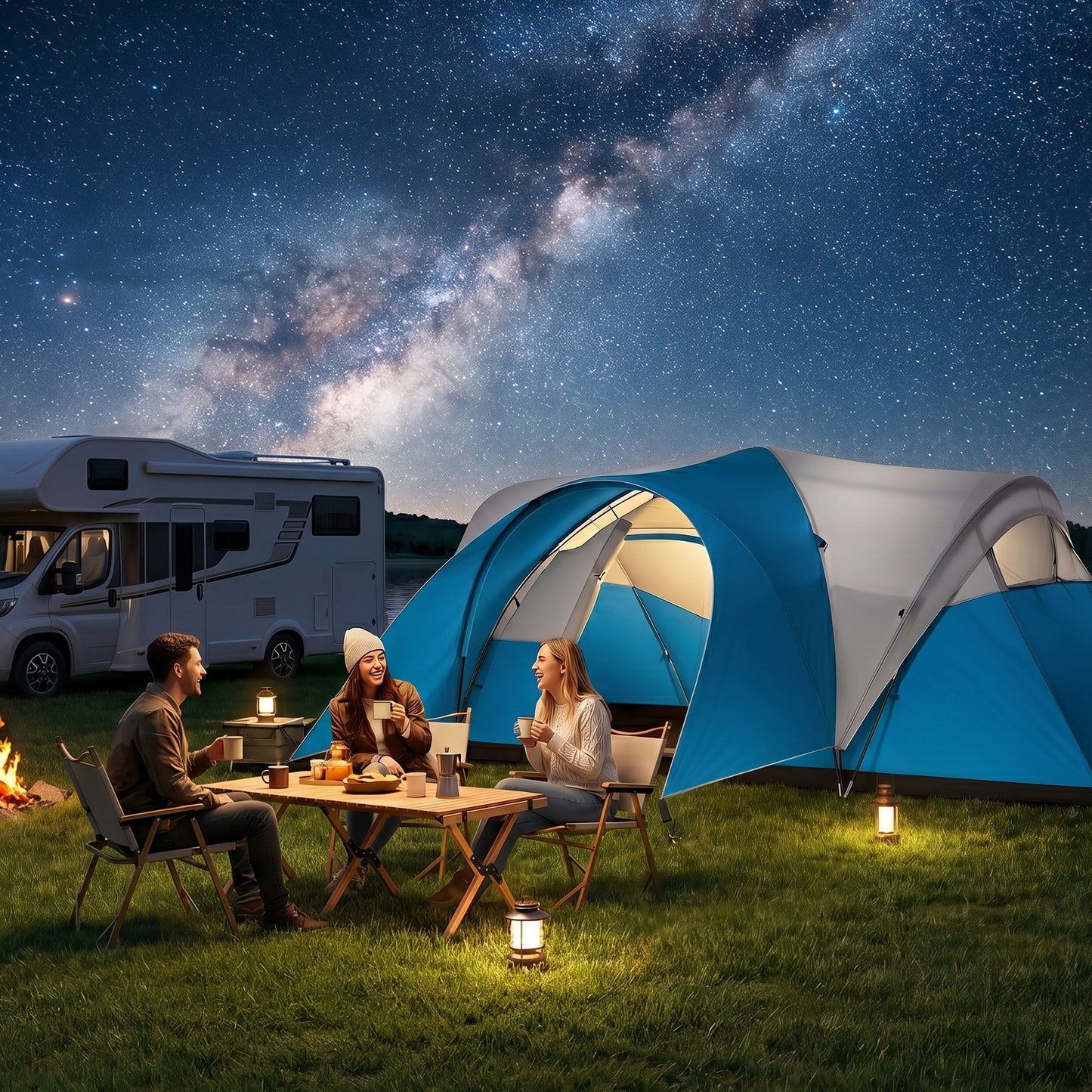 3000mm Waterproof Camping Tent for 7 Man, Family Tent with Porch and Sewn in Groundsheet, Portable with Bag, Blue