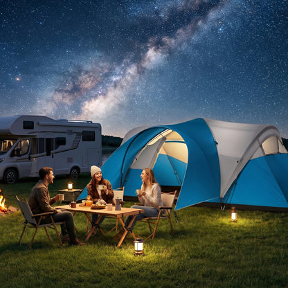 3000mm Waterproof Camping Tent for 7 Man, Family Tent with Porch and Sewn in Groundsheet, Portable with Bag, Blue