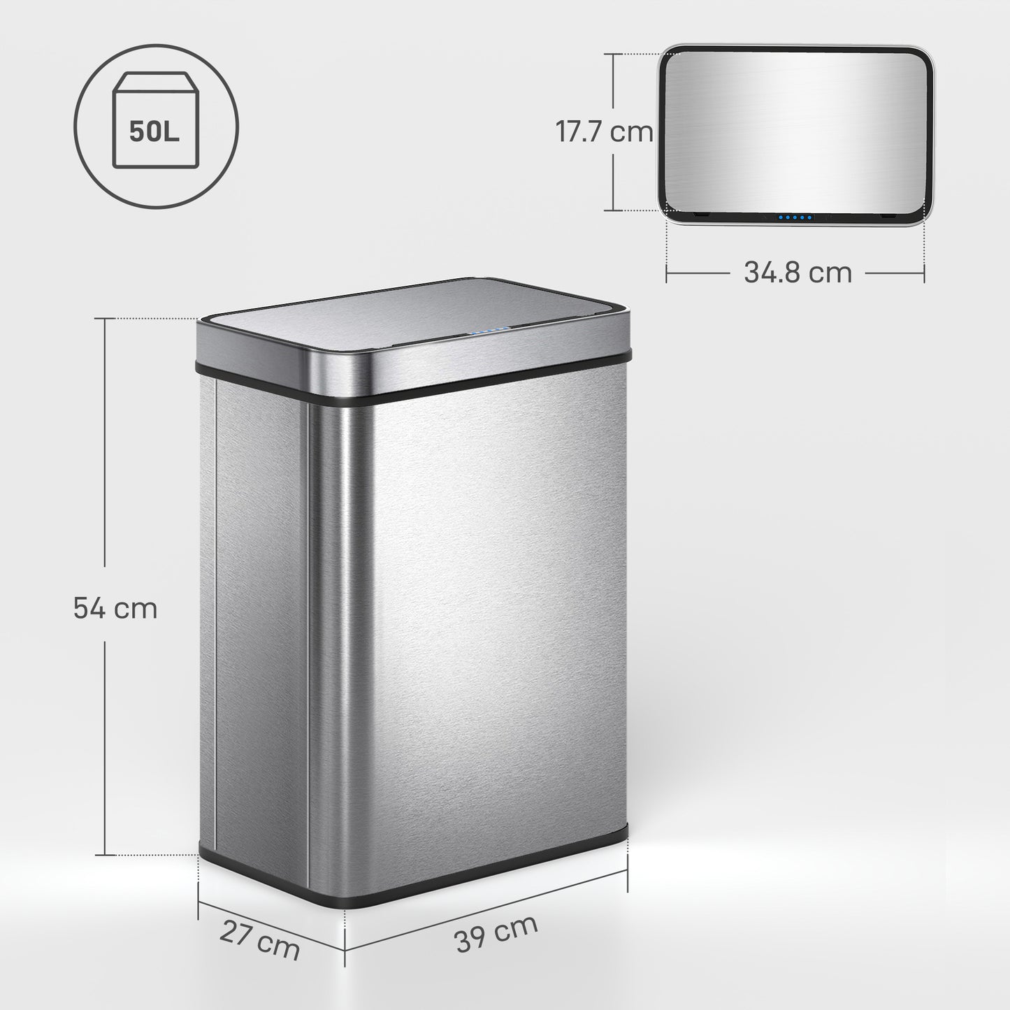 50 L Sensor Can, Sensor Bin with Soft-Close Lid, Fingerprint-Proof Stainless Steel, Silver Tone