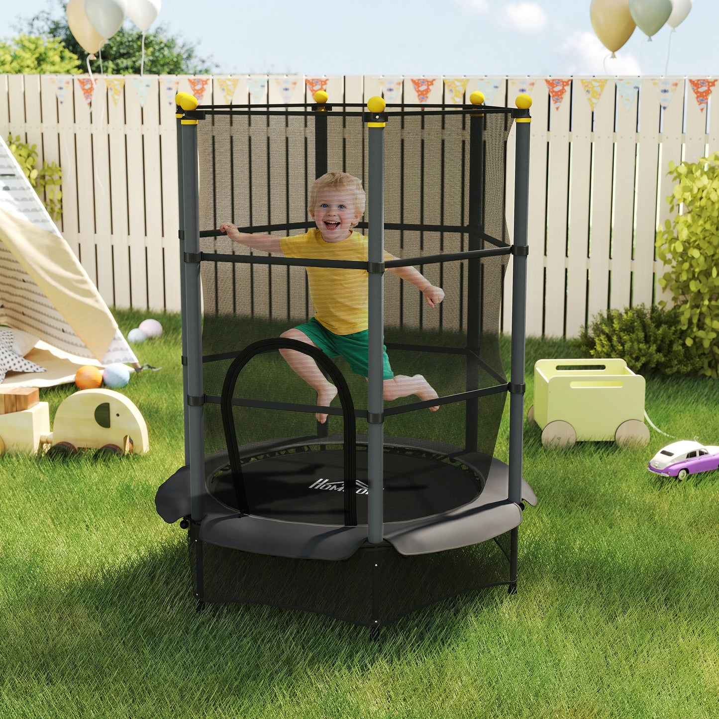 4.6FT/55" Kids Trampoline with Enclosure Net, Outdoor Indoor Use, for Ages 3-10 Years, Black