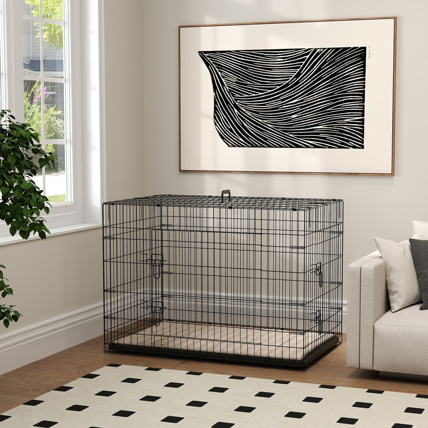 Foldable Dog Crate with 2 Doors with Tray, Soft Cushion, for Extra and Large Dogs, 106 x 71.5 x 76 cm, Black