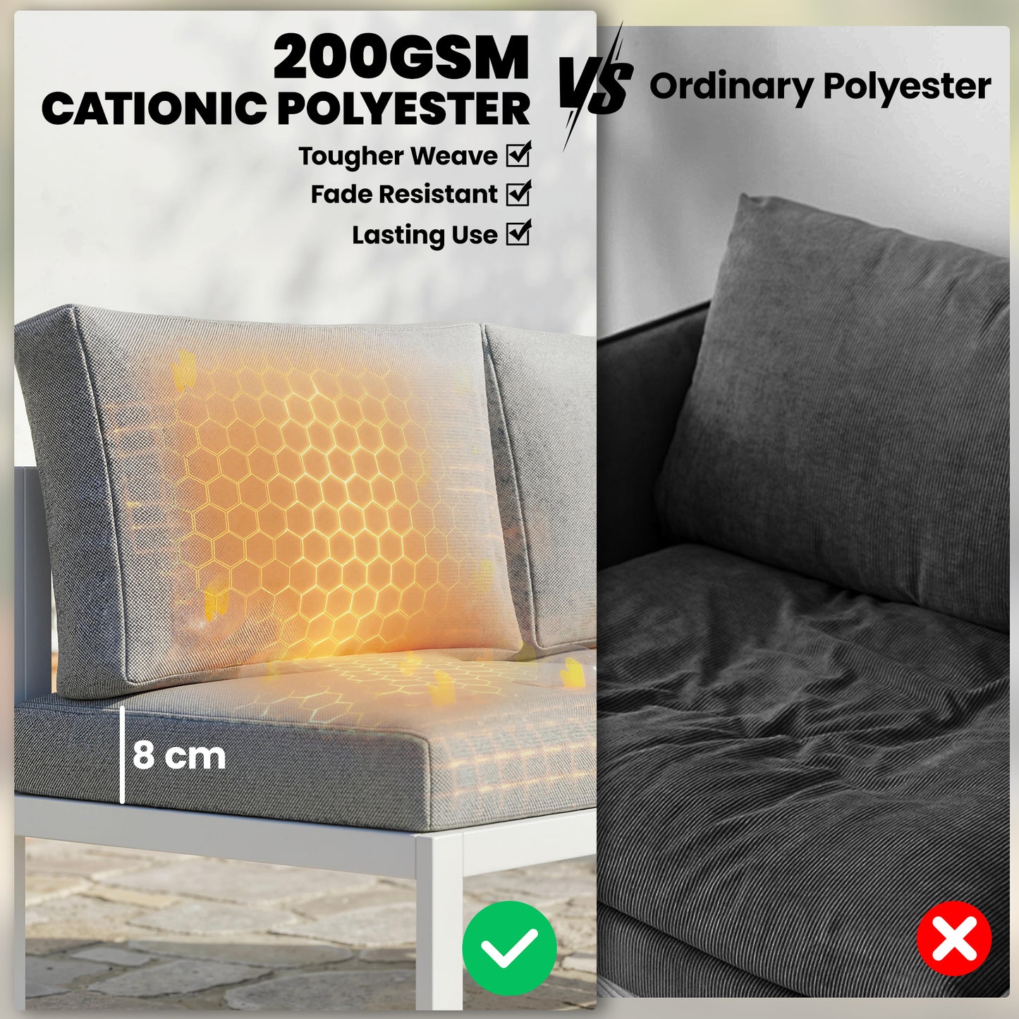 6 Seater Metal Garden Furniture Corner Sofa Set with 3 Loveseats, Faux Wood Table, Texteline Seat, Cushions, White