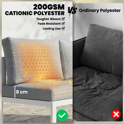 6 Seater Metal Garden Furniture Corner Sofa Set with 3 Loveseats, Faux Wood Table, Texteline Seat, Cushions, White
