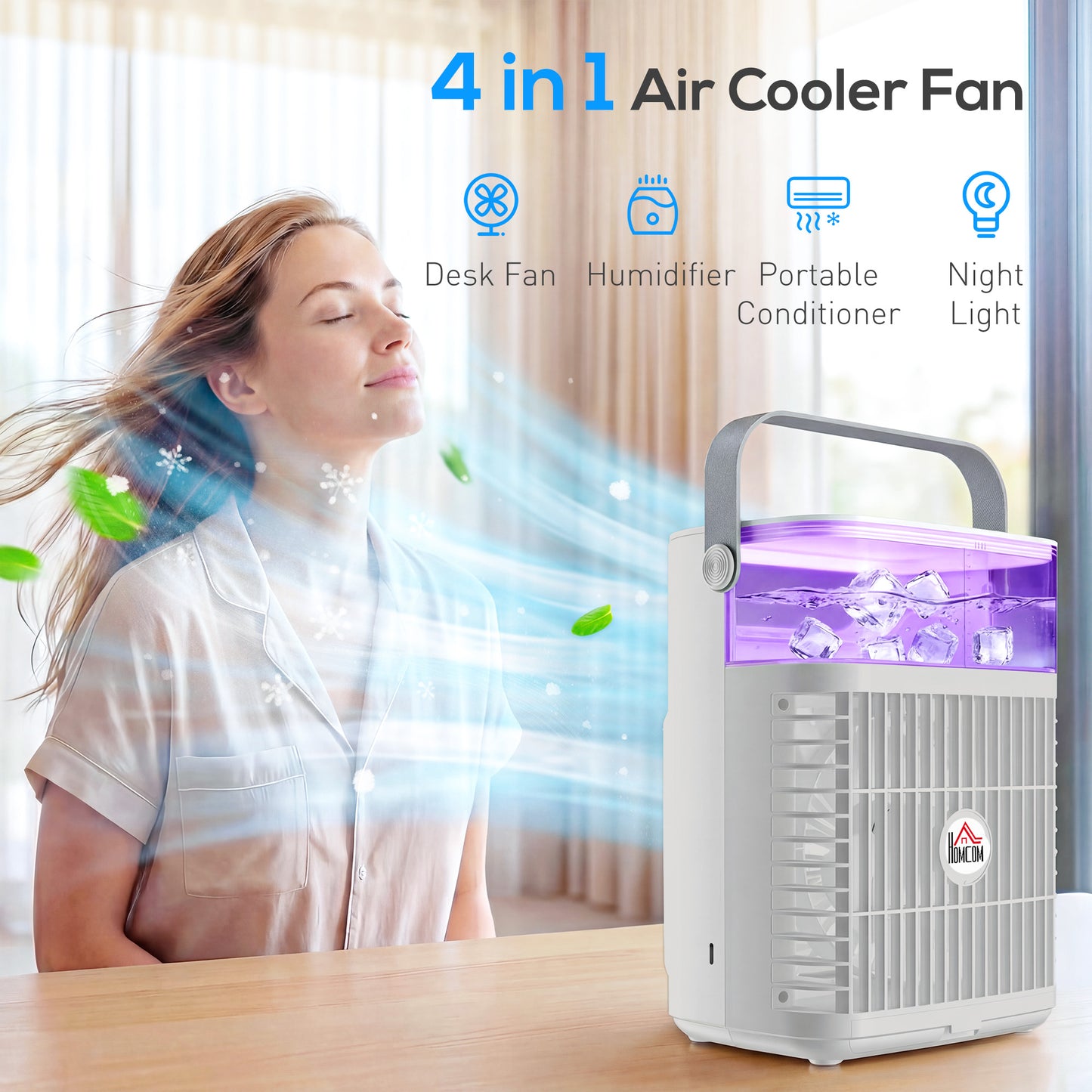 Air Cooler with Adjustable Head, Portable Air Conditioner with 3 Wind Speed, 2 Cool Mist, RGB Light, Grey