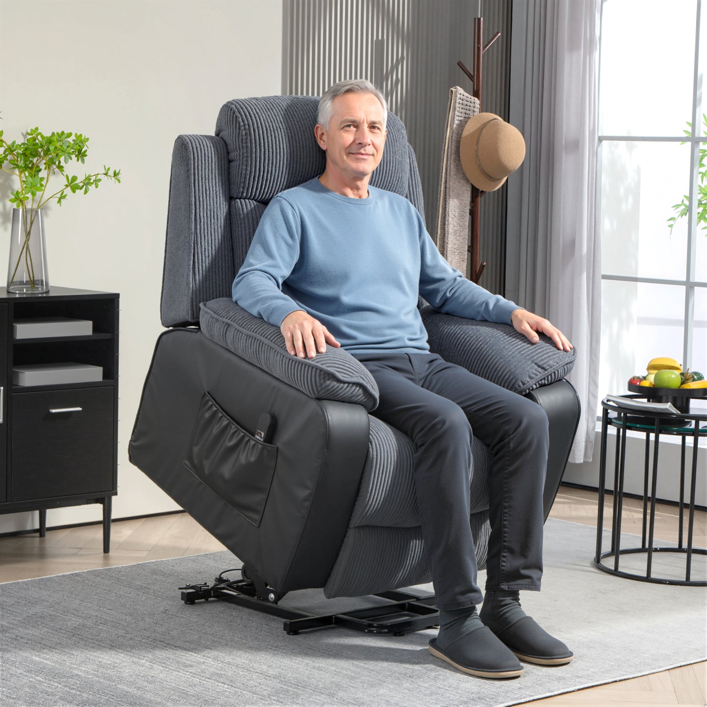 Overstuffed Corduroy Electric Lift Chair - Dark Grey