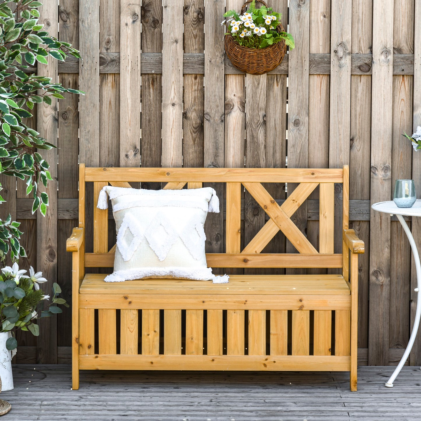 2-Seater Garden Storage Bench for Patio Wood Porch Decor Outdoor Seating