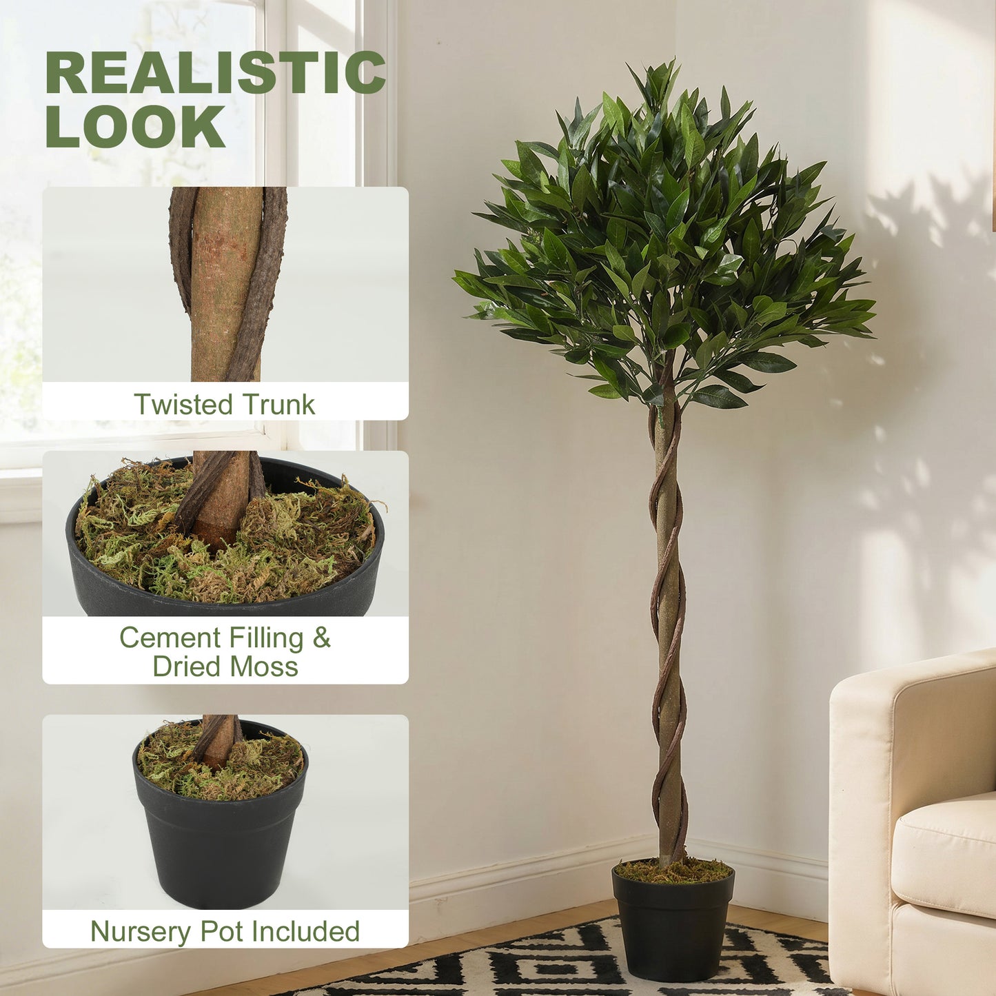 Artificial Bay Laurel Topiary Trees with Twisted Trunk, Realistic Lush Topiary Ball Tree with Weighted Pot, Set of 2
