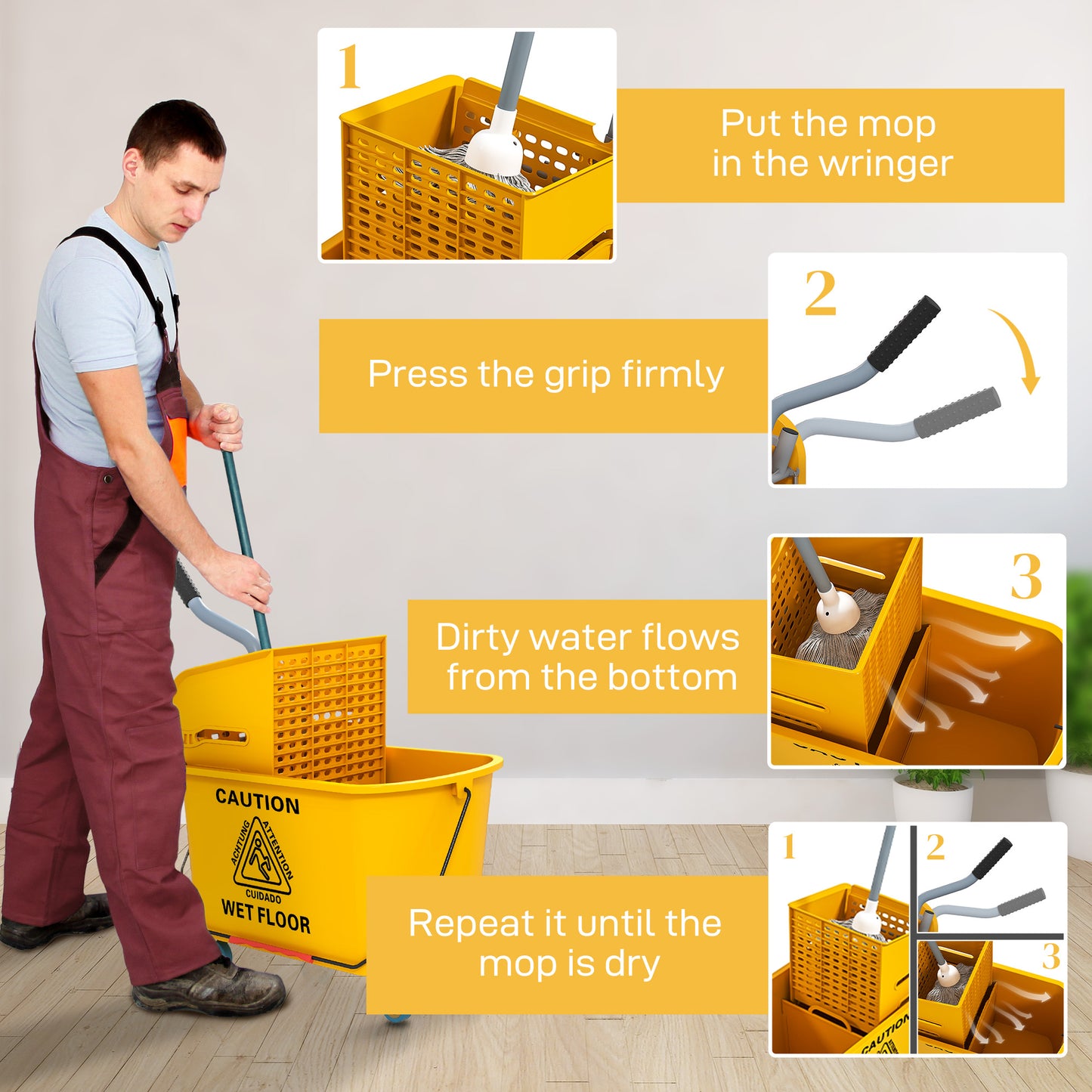 Mop Bucket with Wringer Set on Wheels for Floor Cleaning, 20 Litre Side Press Wringer with Handle and Mop, Yellow