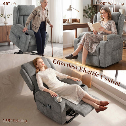 Power Lift Recliner Chair with Vibration Massage and Heat, Chenille Riser and Recliner Armchair for Elderly, Grey