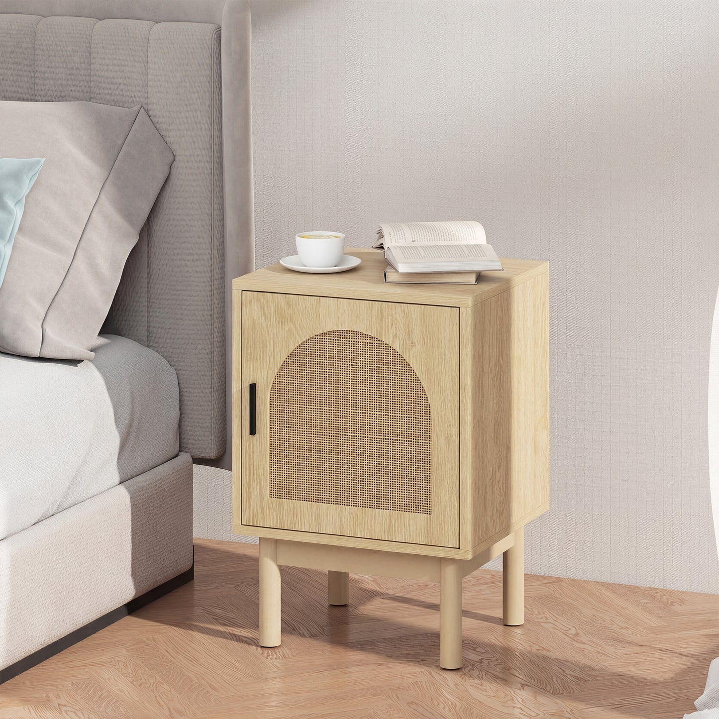 Rattan Bedside Table for Bedroom - Natural Wood