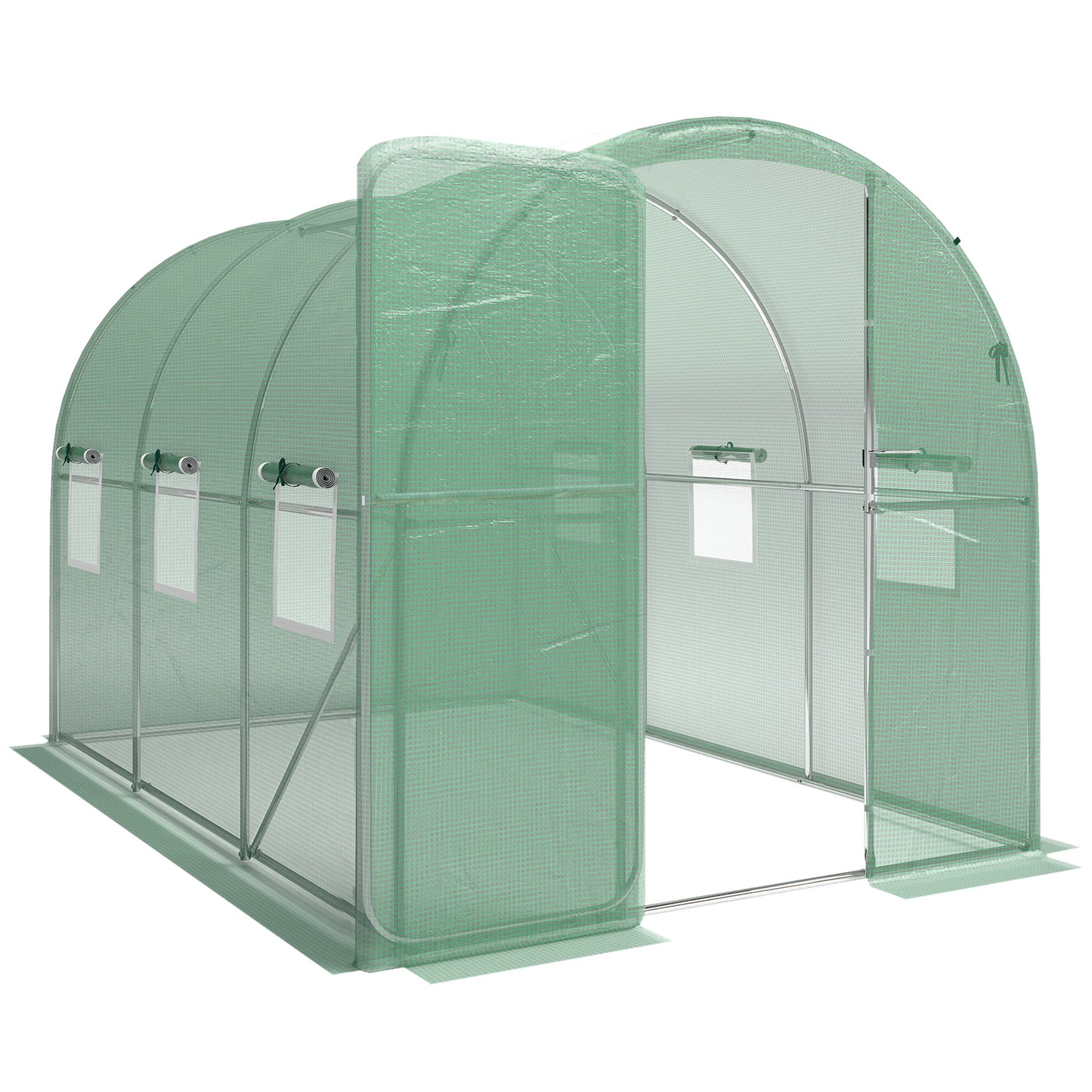 2 x 3 m Walk-in Polytunnel Greenhouse with Hinged Door and 6 Roll Up Mesh Windows, Garden Tunnel Warm House Tent, Green