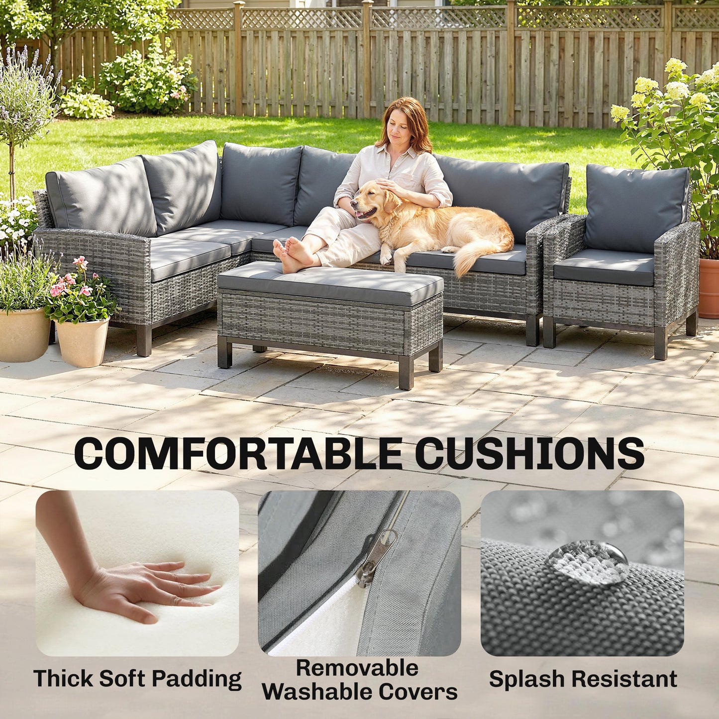 9 Seater Rattan Garden Furniture Corner Sofa Set, Outdoor Dining Set with Faux Wood Table, Ottoman, Cushions, Dark Grey