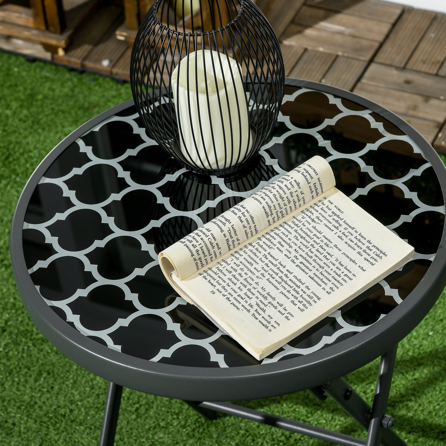 Φ45cm Garden Side Table, Outdoor Round Folding Patio Table with Imitation Marble Glass Top, Small Coffee Table