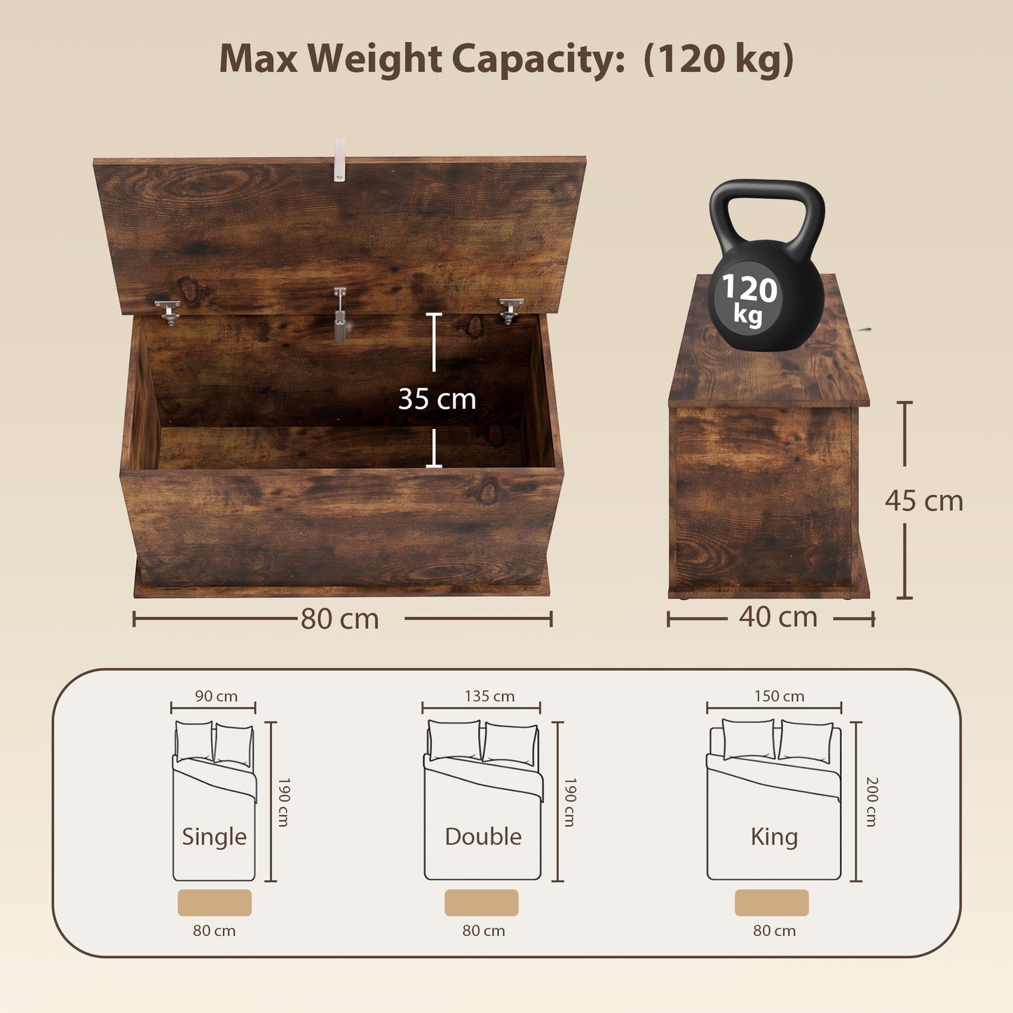 Storage Chest, 102L Blanket Box, Shoe Bench Safety Hinged Lid, Bed End Bench for Bedroom, 80 x 40 x 45cm, Rustic Brown