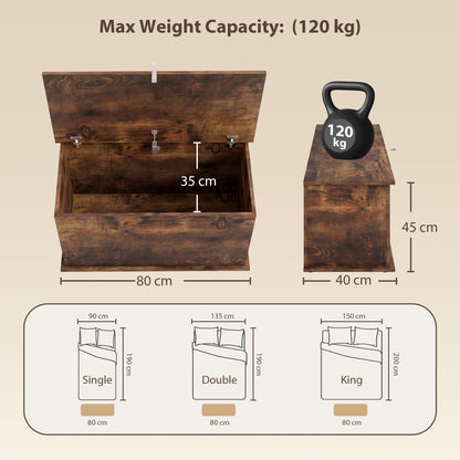Storage Chest, 102L Blanket Box, Shoe Bench Safety Hinged Lid, Bed End Bench for Bedroom, 80 x 40 x 45cm, Rustic Brown