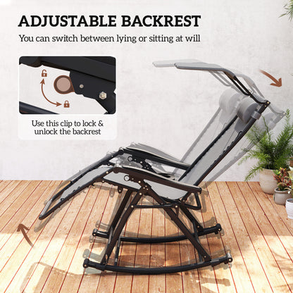 Garden Rocking Chair Folding Recliner Outdoor Adjustable Sun Lounger Rocker Zero-Gravity Seat with Headrest Side Holder Patio