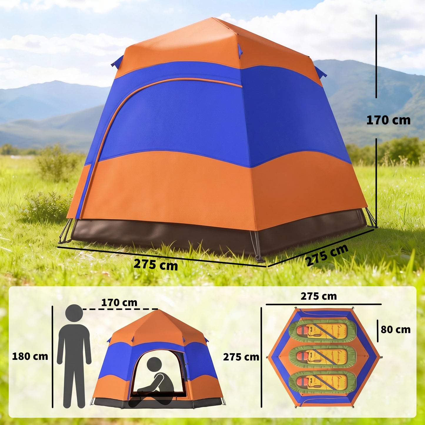 Six Man Hexagon Camping Tent with Hang Hook and Carry Bag - Orange and Blue