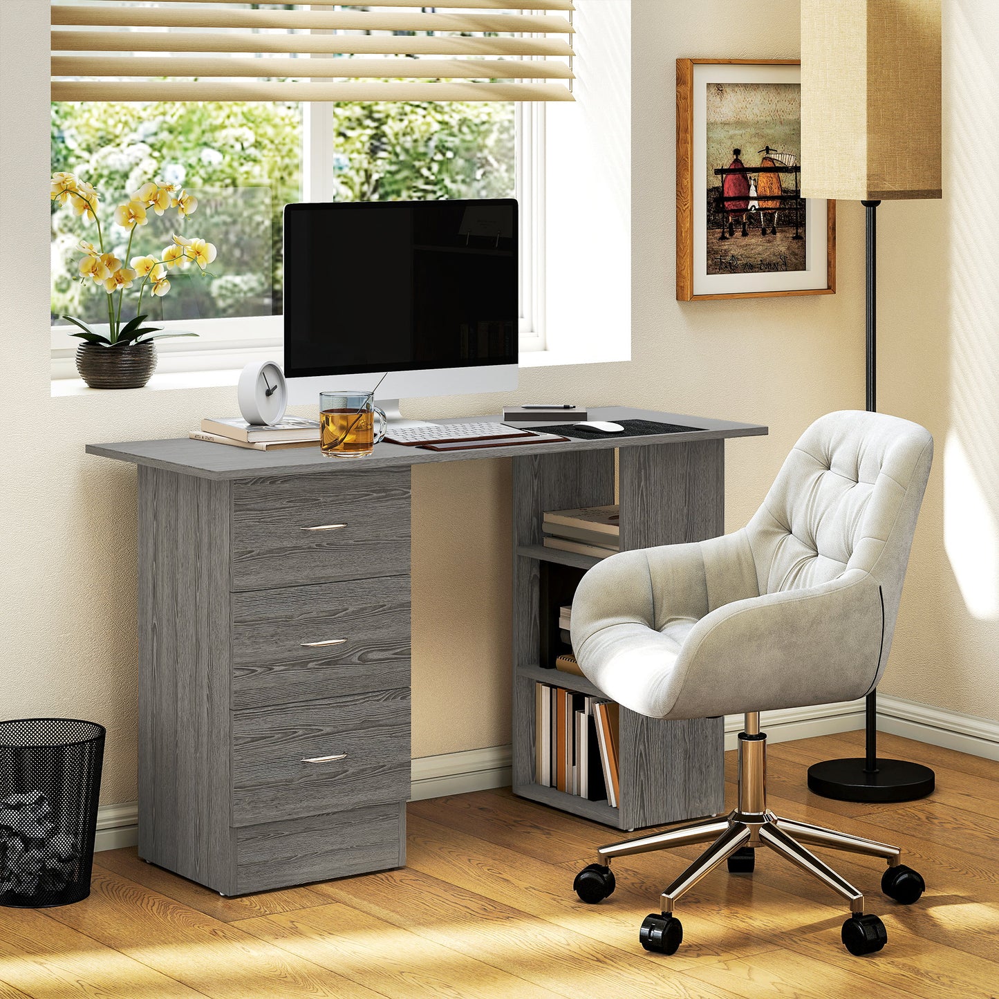 Computer Desk with Drawers, Home Office Desk, Writing Table, PC Workstation with 3 Storage Shelves for Working, Study