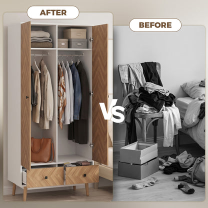 Cabinet Wood-Effect Sticker Surface, Modern Wardrobe with 2 Hanging Rods, 2 Storage Shelves and 2 Drawers, White