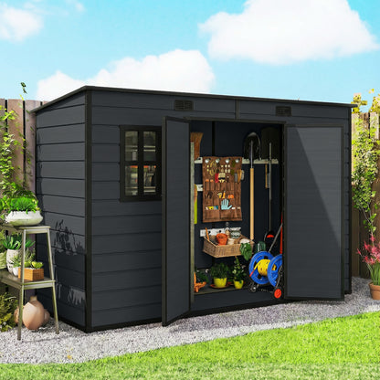 10 x 4 ft Resin Garden Shed, Outdoor Storage Shed with Floor, Windows, Lockable Doors and Vents, Dark Grey
