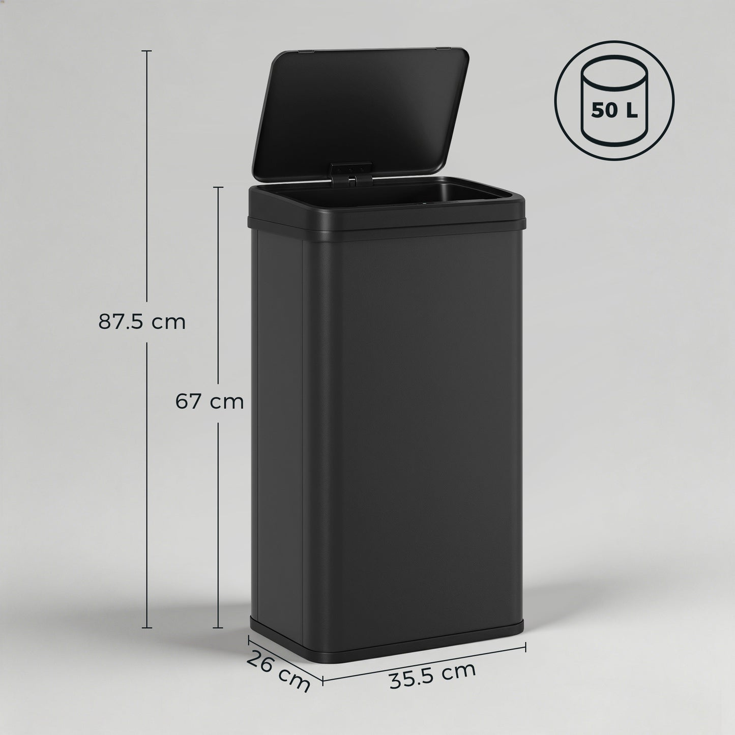 50L Sensor Bin with Soft-Close Lid, Stainless Steel Automatic Touchless Motion Sensor Kitchen Bin, Black