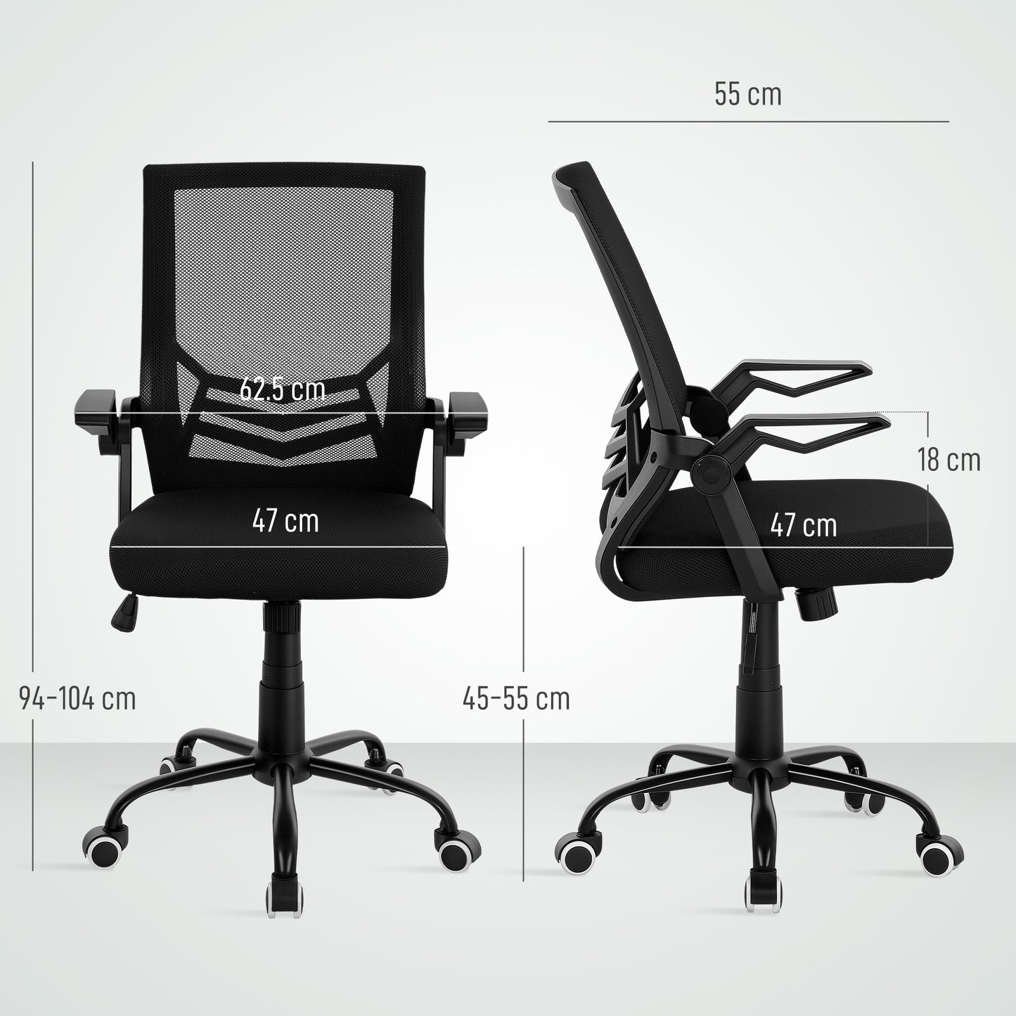 Mesh Office Chair, Computer Desk Chair with Flip-up Armrests, Lumbar Back Support and Swivel Wheels, Black