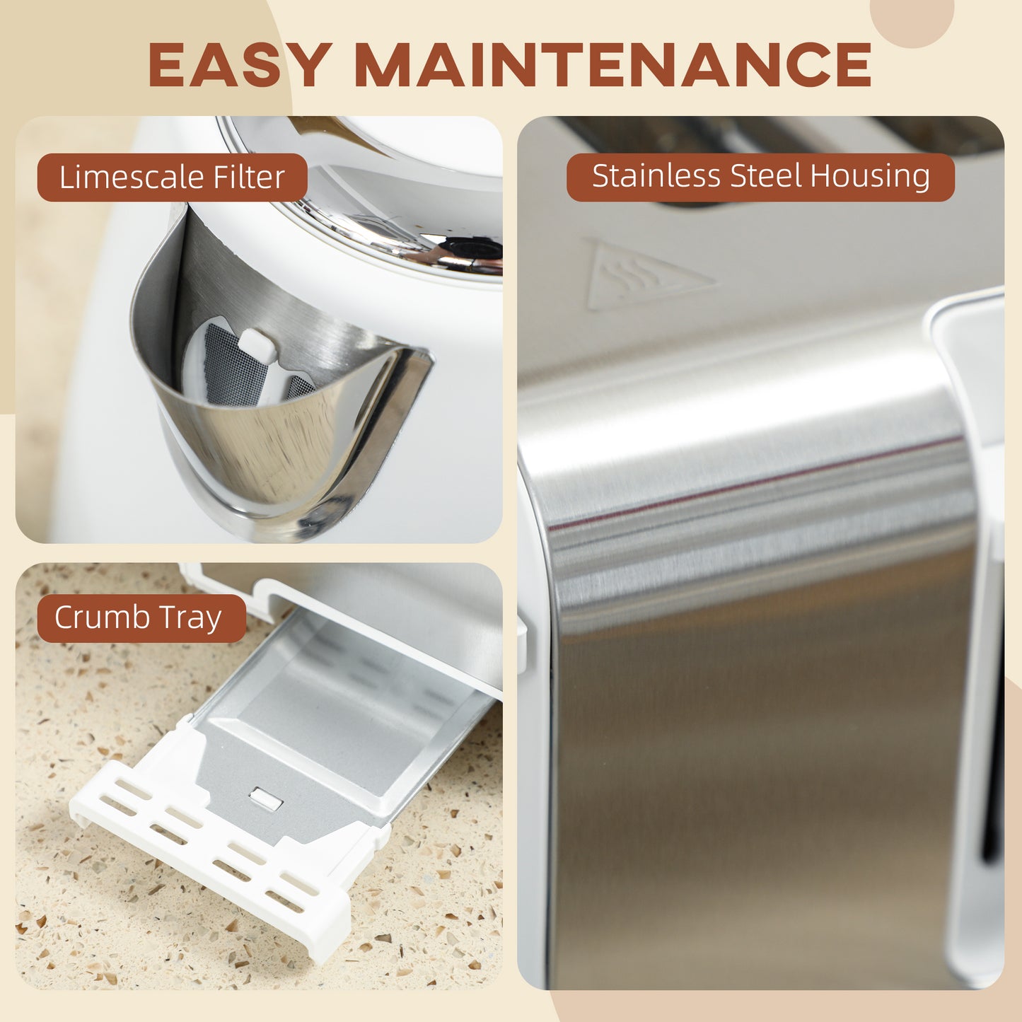 Stainless Steel Panel Kettle and Toaster Set - White
