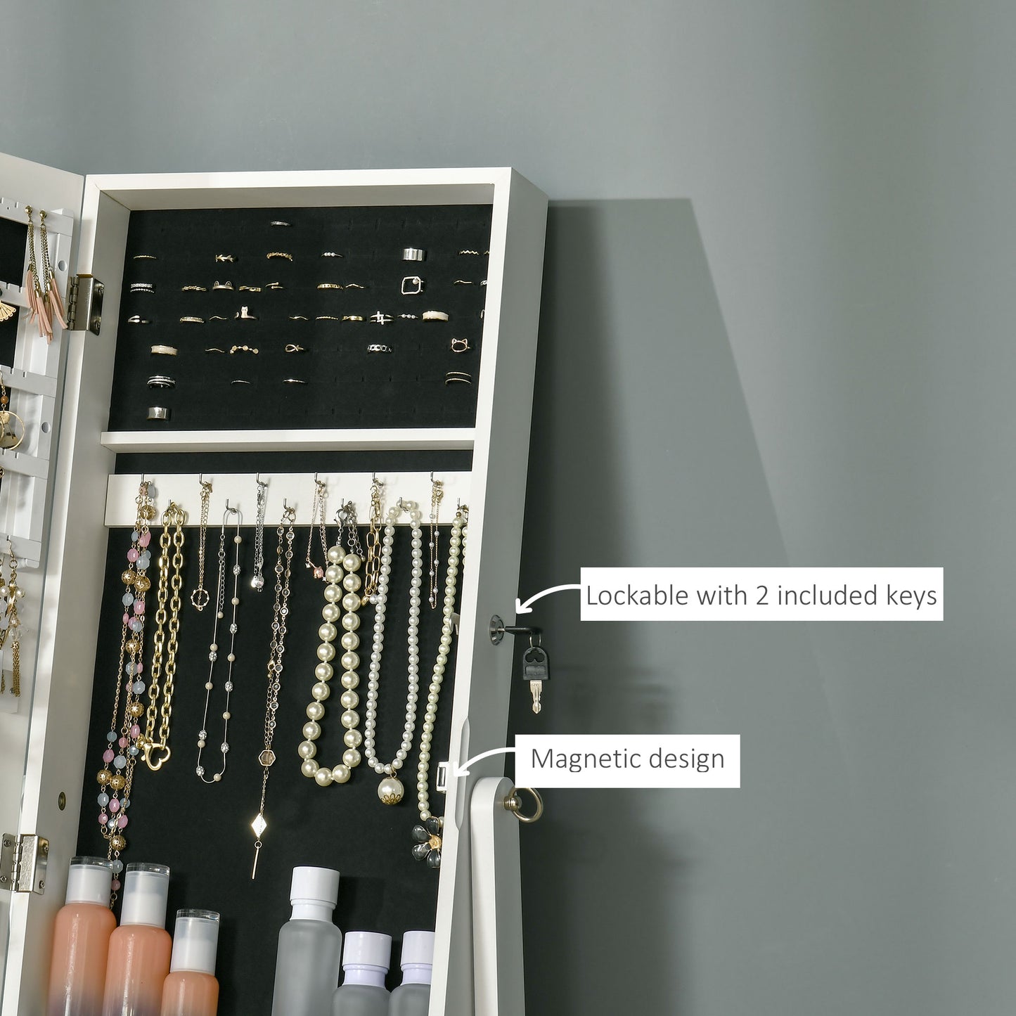 Full Length Mirror with Storage, Jewellery Cabinet with Mirror, Adjustable Angle and Stand