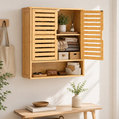 Bathroom Wall Cabinet, Wall Mounted Bathroom Cabinet with 2 Louvered Doors, Open Shelf and Adjustable Shelf Storage