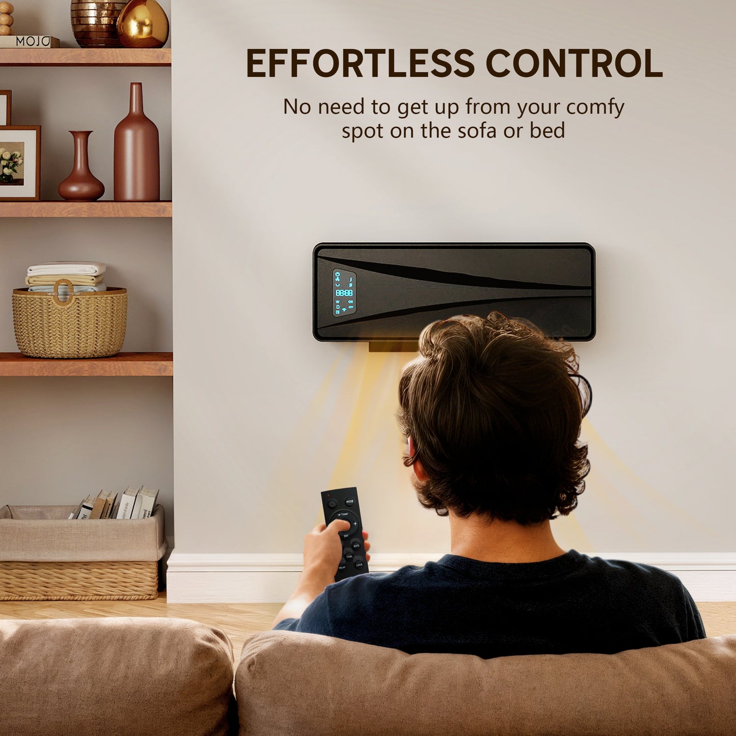 2000W Ceramic Electric Heater with Fan, Adjustable Thermostat, Wall Mounted - Black