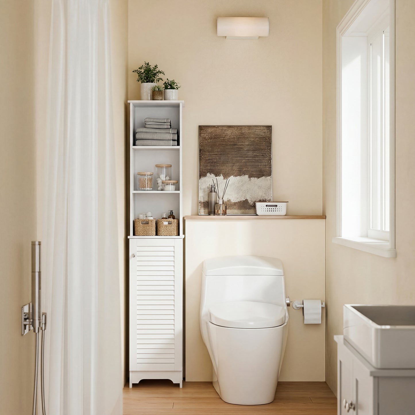 Tall Bathroom Cabinet, Freestanding Slim Bathroom Storage Unit with Adjustable Shelves and Shutter Door