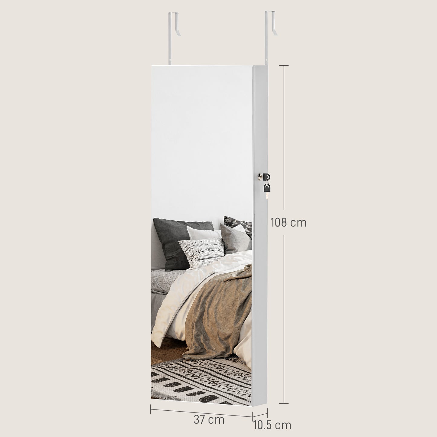 108 x 37cm Lockable Jewellery Cabinet, with LED Lights - White Surface and Black Lining