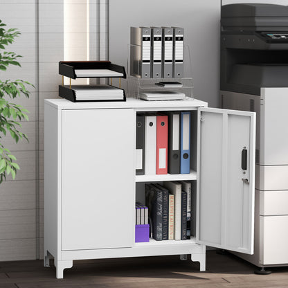 Lockable Metal Filing Cabinet, 2-Tier Storage Cupboard with Double Doors, Modern Office Organiser, White