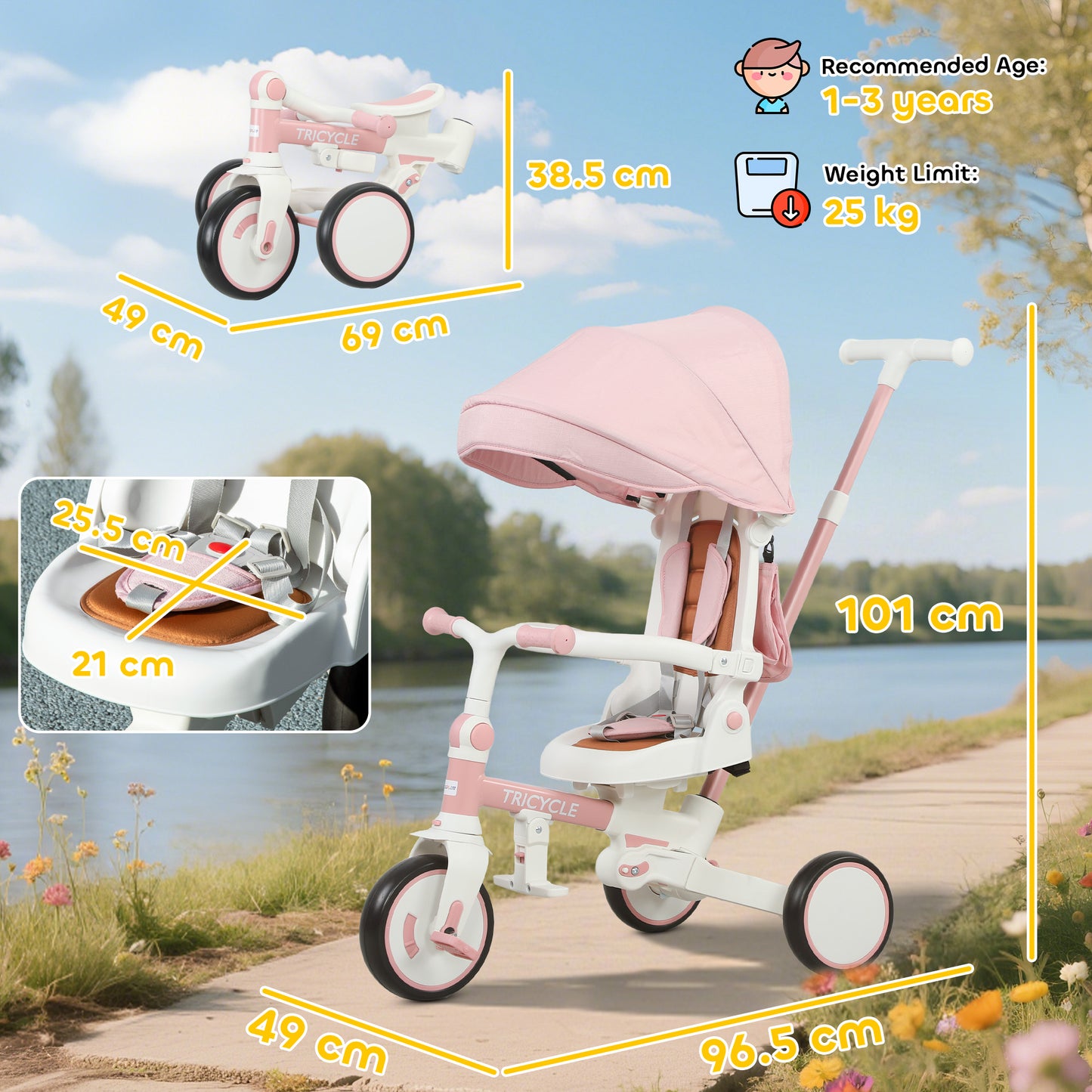 5 in 1 Kids Trike with Adjustable Backrest, Toddler Tricycle with Push Handlebar, Adjustable Backrest, Pink
